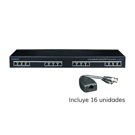 Conversor UTP 16ch Vídeo 4EN1 + Alimentación en Rack 19"