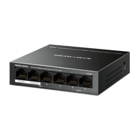 Switch Mercusys 6 puertos 10/100 Mbps con 4 puertos PoE+