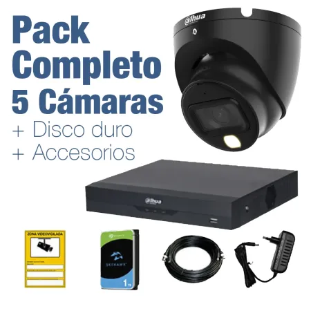 PACK VIGILANCIA COMPLETO: 5 Cámaras domo 1080p + Disco Duro 1TB y Accesorios