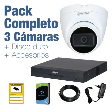 PACK VIGILANCIA COMPLETO: 3 Cámaras domo 5Mp + Disco Duro 1TB y Accesorios