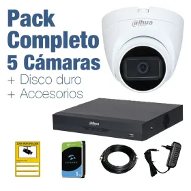 PACK VIGILANCIA COMPLETO: 5 Cámaras domo 5Mp + Disco Duro 1TB y Accesorios